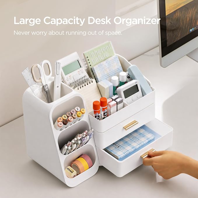 HBlife Desk Organizer with Pen Pencil Holder for Desk, Pen Organizer with 2 Drawers, Desk Organizers and Accessories with 4 Compartments, Desktop Storage for Office Home School Art Supplies, All White - Image 2