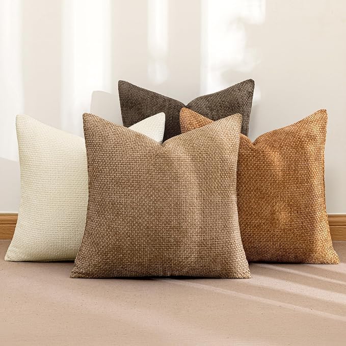 MIULEE Pack of 4 Brown Couch Throw Pillow Covers 22x22 Inch Soft Decorative Chenille Pillows Farmhouse Accent Cushions for Boho Fall Home Decor Sofa Bedroom Living Room - Image 2