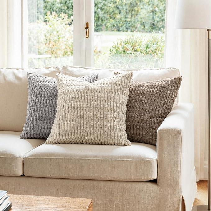 MIULEE Pack of 2 Corduroy Decorative Throw Pillow Covers 16x16 Inch Soft Boho Striped Pillow Covers Modern Farmhouse Home Decor for Sofa Living Room Couch Bed Cream White - Image 2