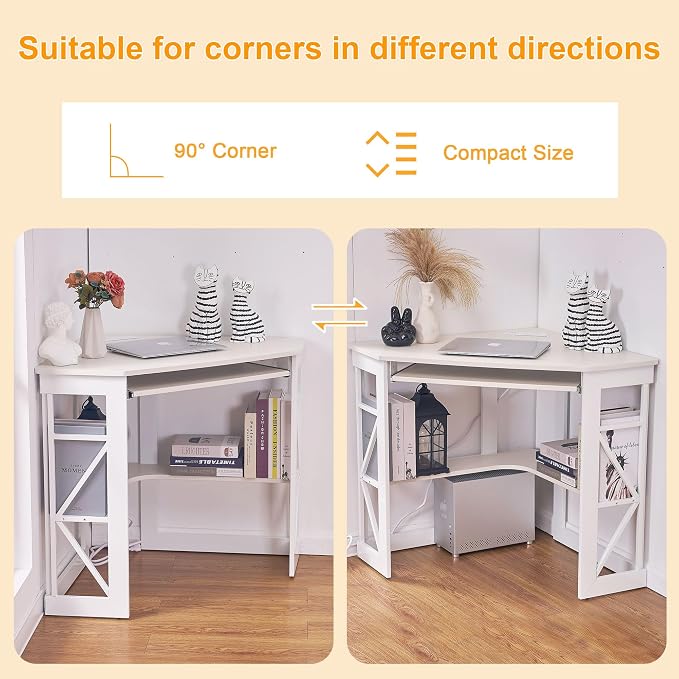 VECELO Corner Desk, Triangle Computer Desk for Small Space with Charging Station and Keyboard Tray, Corner Makeup Table with Storage Shelves for Home Office Bedroom, 41x30, White - Image 7