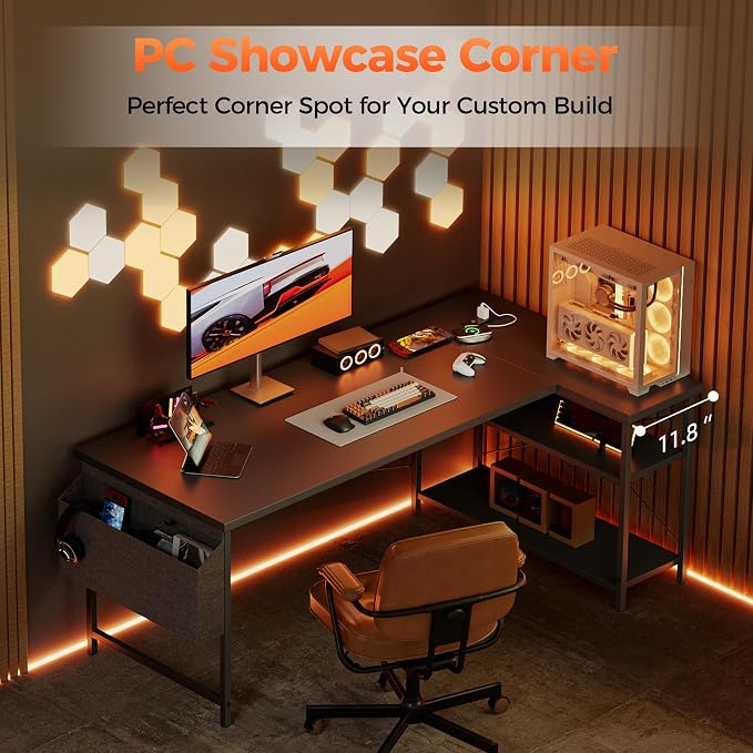 Mericonia 39 inch Corner Desk with Shelves, Small L Shaped Gaming Desk | Reversible Computer Desk with Power Outlets & Storage Bag, Office Table for Home Bedroom Study Work Writing - Image 9