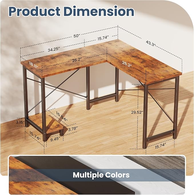 DUMOS 50-Inch Reversible L Shaped Desk with CPU Shelf, Brown | Computer Desk with Sturdy Metal Frame, Corner Gaming Desk, Home Office Desk for Study, Writing and Work, Sturdy Modern Design - Image 3
