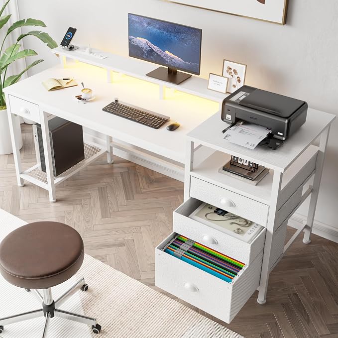 Furologee 60" White Computer Desk with 4 Drawers, Power Outlet, LED Lights | Home Office Desk with Full Monitor Stand,Storage Shelves, 4 File Drawers Cabinet ,Printer Space for Study Working Bedroom - Image 8