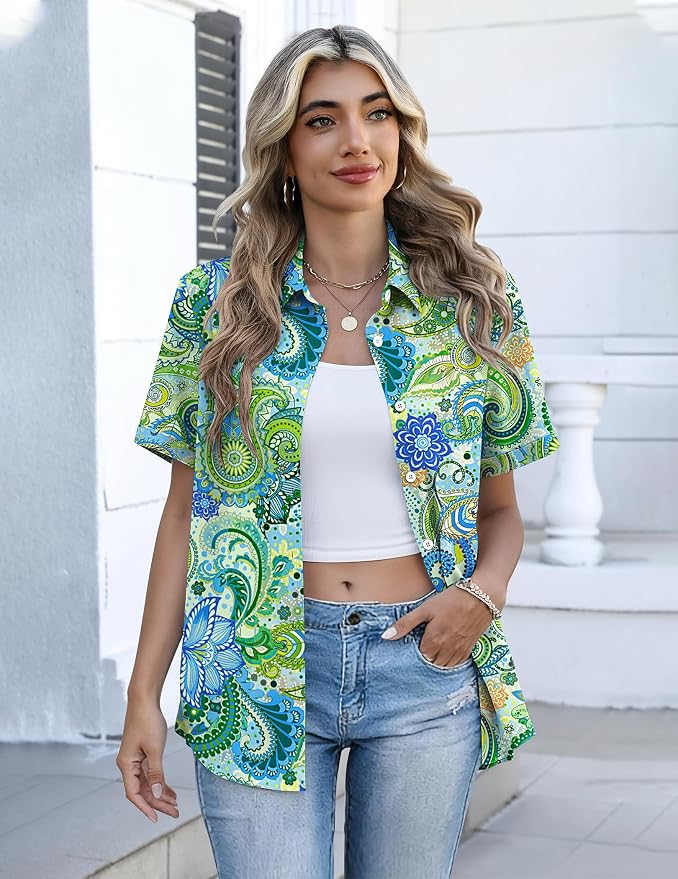Zeagoo Button Down Shirts for Women Short Sleeve Collared Tops Dressy Casual V Neck Blouses - Image 3