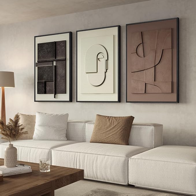 Large 3D Textured Framed Abstract Wall Art for Living Room, 3 Piece Modern Paintings Artwork for Walls, Black White Brown Geometric Sandstone Texture Pictures for Hallway Office Home Decor 24x36 In - Image 6