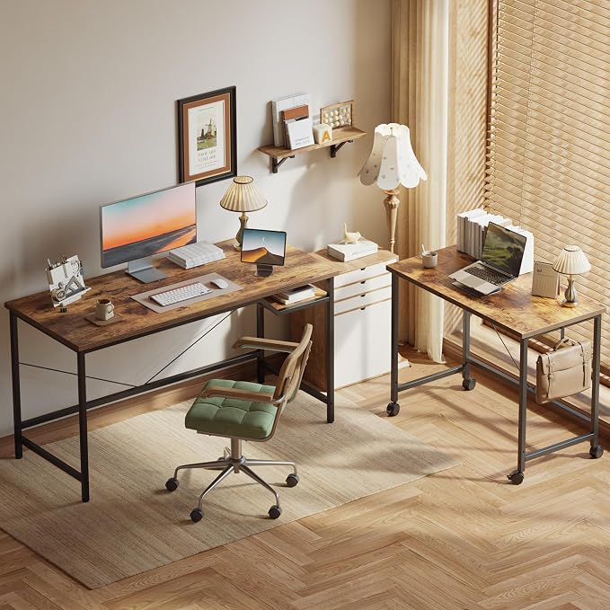 Mericonia 48 Inch Computer Desk & 32 Inch Small Rolling Desk, 2pcs | Simple Writing Table for Home Office Bedroom Work Study, Brown - Image 2