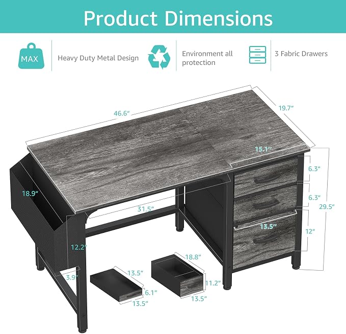Lufeiya Computer Desk with File Drawers Cabinet, 47 Inch Home Office Desks with Filing Cabinet for Small Space, Gaming Study Writing Table PC Desks, Gray - Image 3