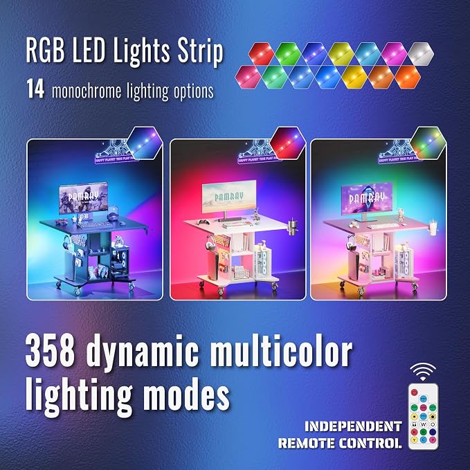 Pamray Small Gaming Desk Rolling Computer Table Pink | Movable, with Led Lights Power Outlets, with Storage Pegboard and Hook, Sturdy, Suitable for Study Gaming Bedroom Dorm - Image 4