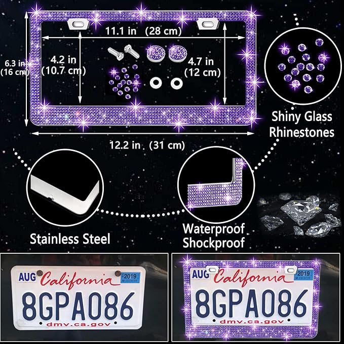 NBTEPEM 27 PCs Purple Violet Bling Car Accessories Set for Women, Steering Wheel Covers Universal Fit 15 Inch, Bling License Plate Frame, Bling Phone Holder, Bling Car Coasters - Image 4