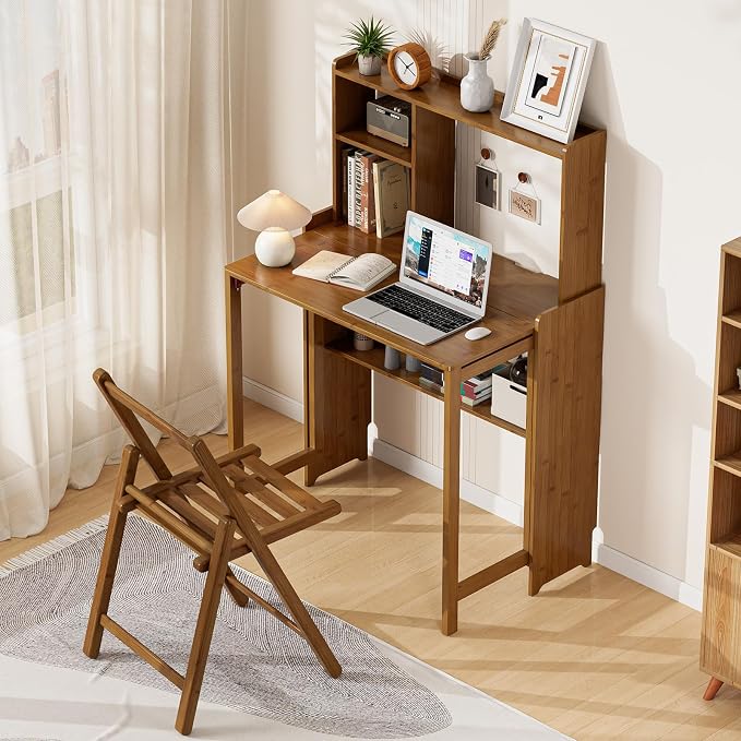 Folding Desk with Bookshelf, Compact Foldable Desk for Small Spaces,Brown | Bamboo Computer Desk with Storage Shelf, Space-Saving Home Office Desk with Hutch for Bedroom, Dorm, Apartment - Image 4