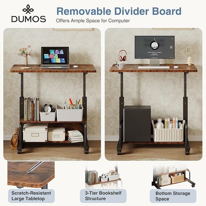 DUMOS Rolling Desk, Storage Shelves, Laptop Table, Home Office | Height Adjustable Design, Computer Desks on Wheels, Portable for Small Spaces Use, White - Image 5