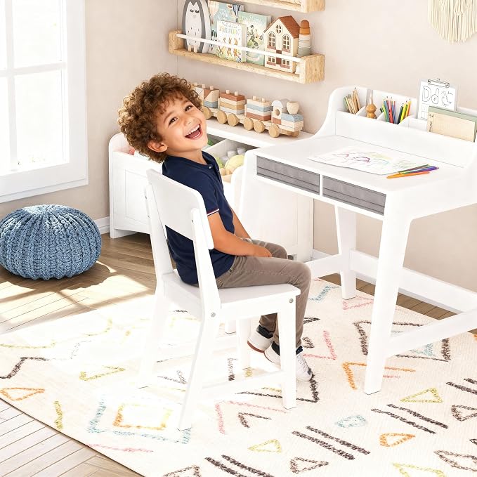 UTEX Wooden Kids Desk and Chair Set with 2 Fabrics Drawers for Study Room | Kids Study Desk with Stand-up Organizer, Water-based Paint, Student Writing Desk for Bedroom - Image 9