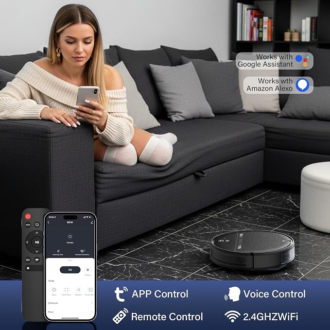 Robot Vacuum and Mop for Pet Hair, 2-in-1 Robot Vacuum Cleaner for Hard Floors&Carpets with 2.87'' Slim Design, Wi-Fi/App/Voice Control, 3D Obstacle Avoidance & Self-Charging - Image 3