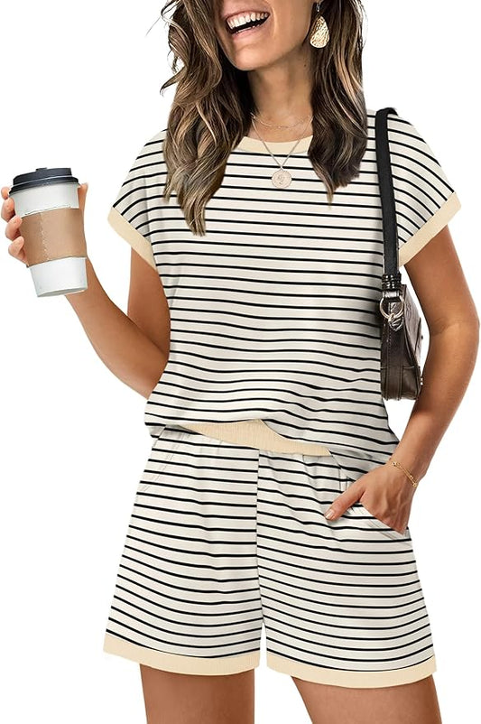 WIHOLL Two Piece Sets for Women Summer Lounge Short Sets Cap Sleeve Crew Neck Sweatsuit with Pocket XS-2XL by WIHOLL