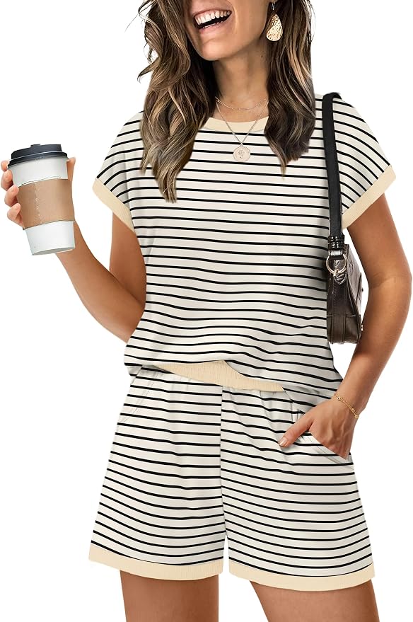 WIHOLL Two Piece Sets for Women Summer Lounge Short Sets Cap Sleeve Crew Neck Sweatsuit with Pocket XS-2XL by WIHOLL