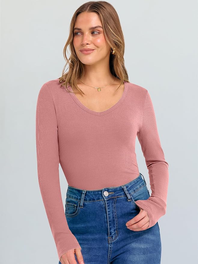 ANRABESS Long Sleeve V Neck Shirts for Women | Soft Comfy Ribbed Knit Fitted Tshirts, Casual Going Out Tops, 2026 Trendy Basic, Fall Winter Underscrub Layering Clothes - Image 7