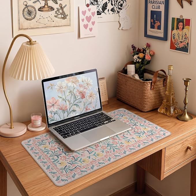 iCasso Aesthetic Mouse Pad for Office Decor,23.6x13.7in,Pink Floral | Desk Matt for Desktop,Anti-Slip Mousepad with Stitched Edges for Laptop Computer Keyboard,Smooth Water-Resistant - Image 7