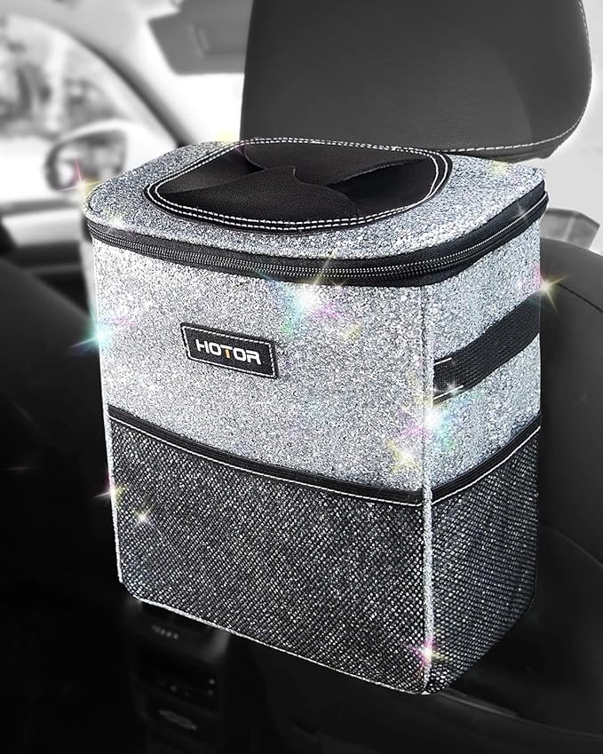 HOTOR Car Trash Can with Lid and Storage Pockets - 100% Leak-Proof Organizer, Waterproof Garbage Can, Multipurpose Trash Bin for Car, 2 Gallons, Sparkle White by HOTOR