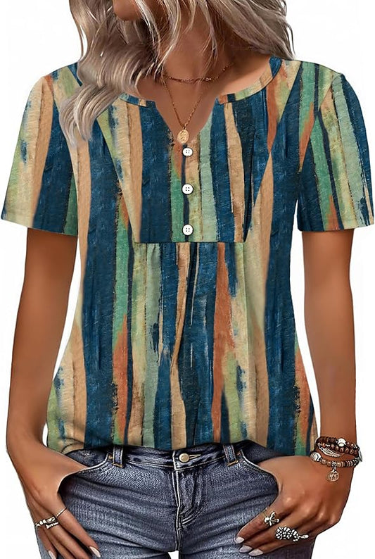 Zeagoo Womens Short Sleeve Tops Summer Henley V-Neck Tshirts Casual Pleated Blouse Dressy Loose Floral Basic Tee by Zeagoo