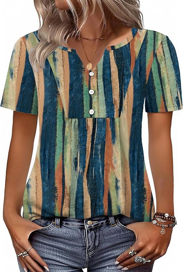 Zeagoo Womens Short Sleeve Tops Summer Henley V-Neck Tshirts Casual Pleated Blouse Dressy Loose Floral Basic Tee by Zeagoo