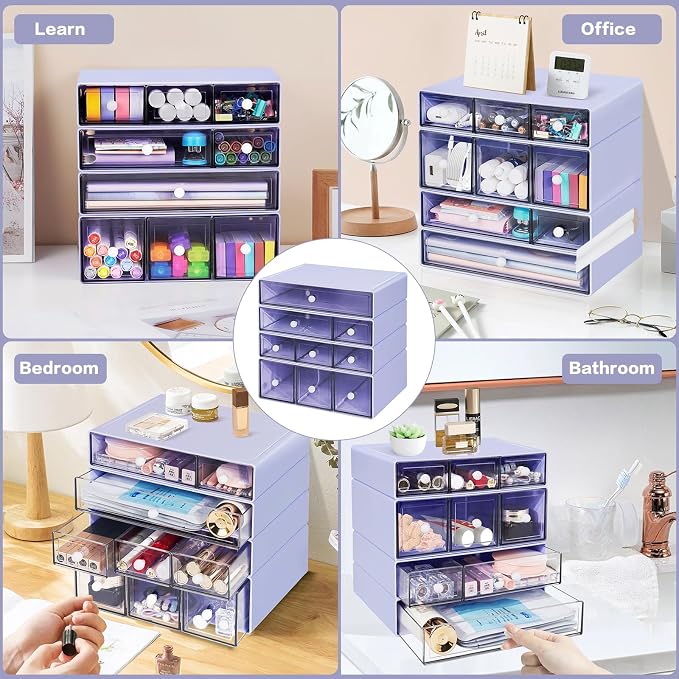 Desk Storage Organizer with 9 Drawers, 4 Tiers Stackable Desktop Craft Storage Drawers, Clear Storage Box Caddy for Stationary Makeup Jewelry Office Craft Supplies (Purple) - Image 6
