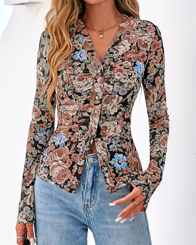 BTFBM Button Down Shirts for Women 2026 Fall Boho Tops V Neck Long Sleeve Blouses Ruched Mesh Fitted Fashion Clothing - Image 7