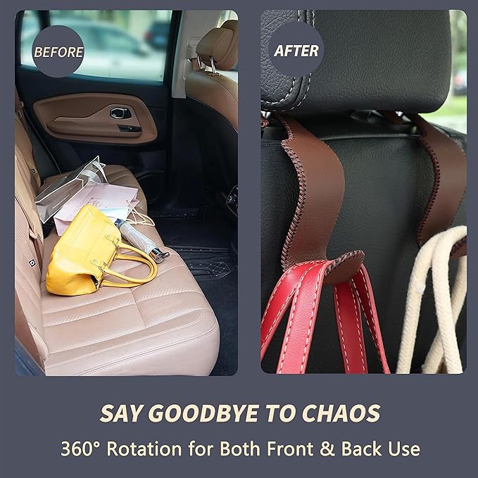 Amooca Car Seat Headrest Hook 4 Pack Metal Core Hanger Universal Car Storage Organizer for Handbag Purse Coat S Type Leather Brown - Image 3