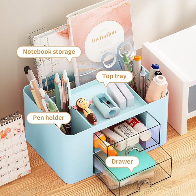Marbrasse Pen Organizer with 2 Drawer, Multi-Functional Pencil Holder for Desk, Desk Organizers and Accessories with 5 Compartments + Drawer for Office Art Supplies (Blue) - Image 2