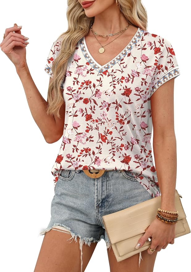 WIHOLL Womens Summer Tops 2026 Cap Short Sleeve Shirs V Neck T Shirts Fashion Beach Vacation Clothes Color Block - Image 4