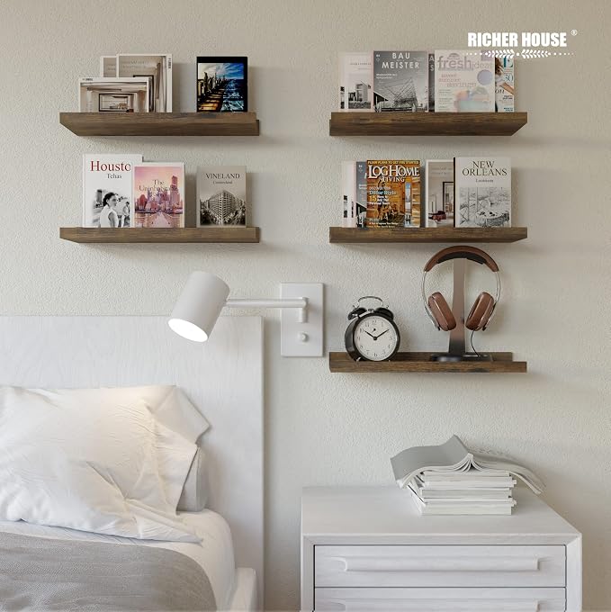 RICHER HOUSE 5-Set Floating Shelves with Lip, Brown Wall Mounted Wood Shelf | Display Picture Ledge Shelf, Anti-drop lip Shelf for Room Wall Decor, Bedroom Bathroom Storage Nursery Books, Easy Setup 16in - Image 2