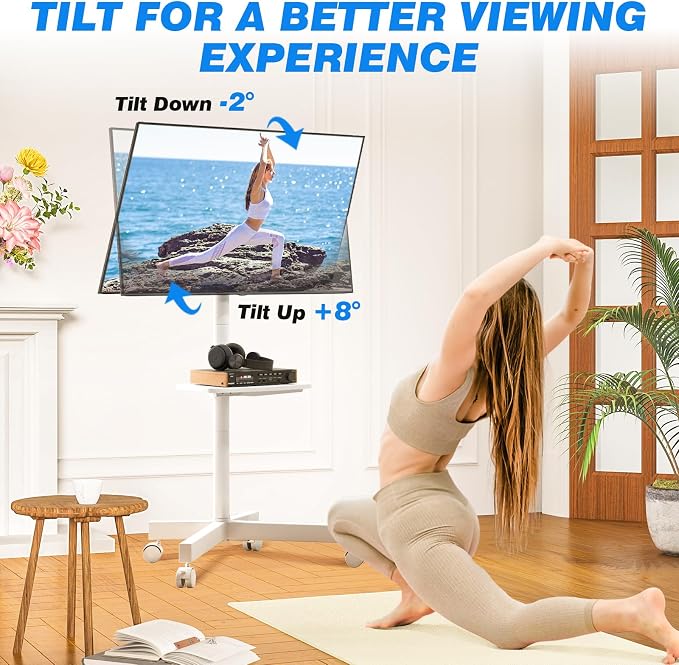 Rfiver Mobile TV Stand for 23-65 Inch LCD LED Flat/Curved Panel Screen TVs up to 88 lbs, Rolling TV Stand with Adjustable Shelf & Tilt, Portable Floor Stand on Wheels for Bedroom, Living Room, White - Image 5