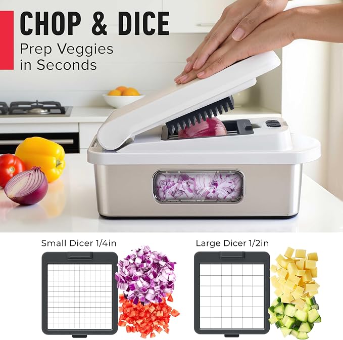 MUELLER HOME Pro-Series 10-in-1, Stainless Steel Multi Vegetable Chopper | 8 Blade Mandoline Slicer, Kitchen Accessories and Essentials, Food and Veggie Chopper, Mincer, Dicer, White Sand/Grey - Image 4