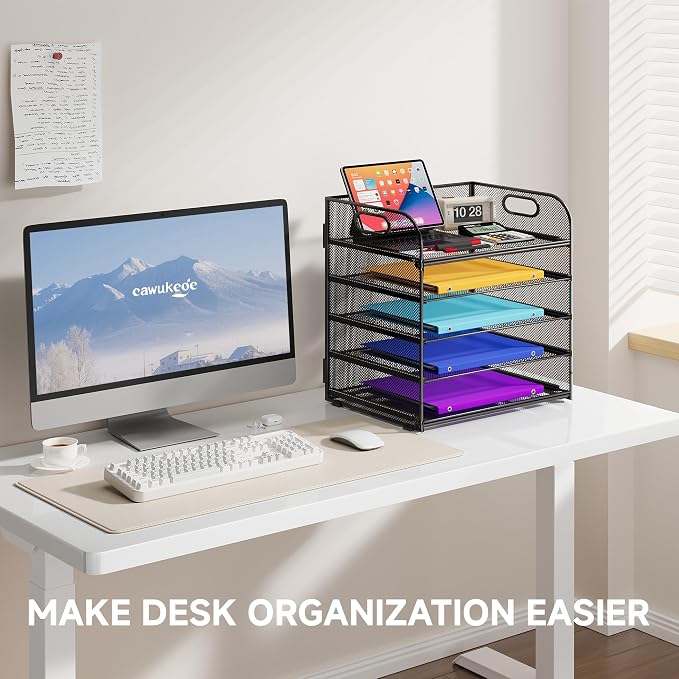Cawukege 5 Tier Paper Organizer with Handle, Black Metal Mesh Desk Organizer File Folder Paper Letter Tray Desktop Document Sorter for Classroom, School, Office Accessories Organization and Storage - Image 2