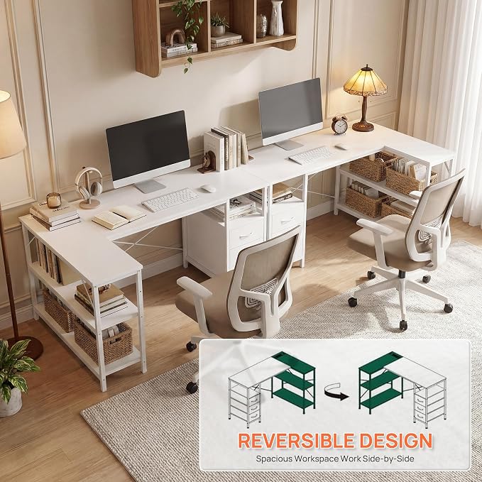 Alpen L Shaped Gaming Desk with Power Outlets, 47 Inch Computer Desk with 3 Drawers and Shelves, Corner Desk for Gaming, Study Writing PC Table with Storage and Reversible Shelf, White - Image 5