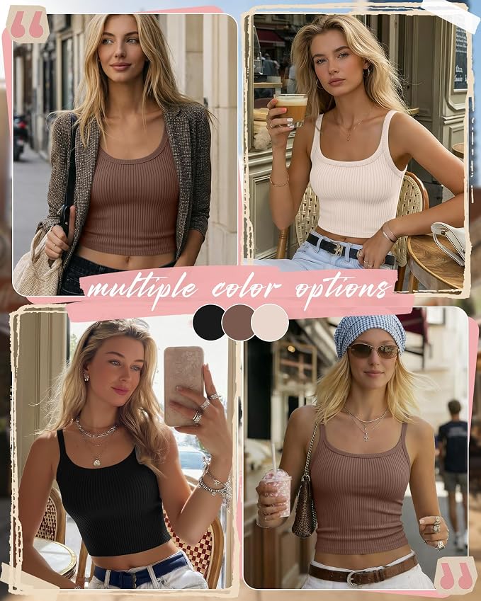 Ficerd 3 Pack Women's Tank Tops 95% Cotton Spaghetti Strap Ribbed Crop Camisole Slim Fitted Basic Summer Sleeveless Layer - Image 2