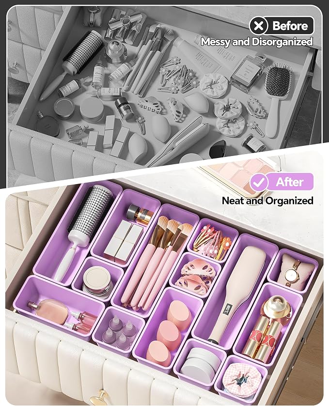 Canfanni 13 Pack Plastic Drawer Organizers Set, 3 Sizes Desk Drawer Organizer Trays for Vanity and Makeup Organizer, Organization and Storage for Makeup, Kitchen Utensils, Bathroom and Office(Purple) - Image 4