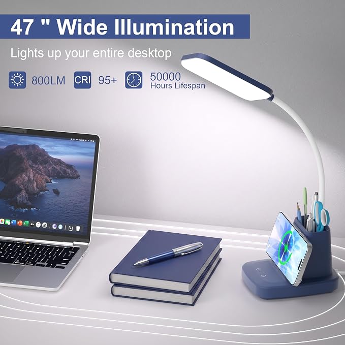 LED Desk Lamp with 10W Wireless Charging & Pen Holder, Navy Blue | CRI 95, 800LM, Stepless Dimming, 3 Modes, 360°Flexible Arm, Touch, Study Table Lamp for Home Office, Dorm Room, with Adapter - Image 7