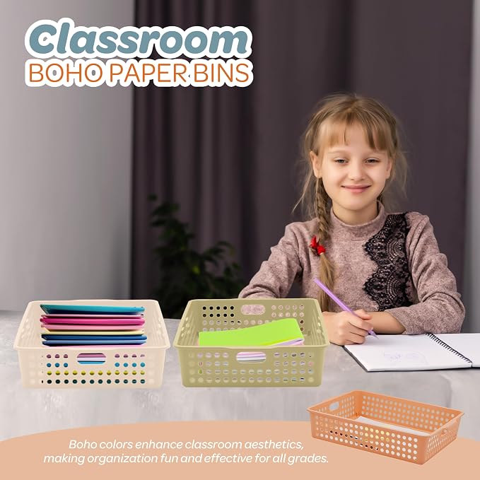 4E's Novelty 6 Pack Classroom Paper Baskets, Organizing Desk Boho Tray for A4 Papers, Classroom Storage Plastic Paper Bins, Fun Turn In Trays for Teachers and Students, Office Desk Room Trays - Image 8