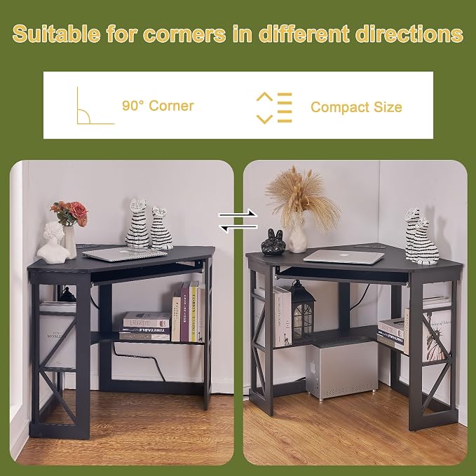 VECELO Corner Desk, Triangle Computer Desk for Small Space with Charging Station and Keyboard Tray, Corner Makeup Table with Storage Shelves for Home Office Bedroom, 41x30, Balck - Image 7
