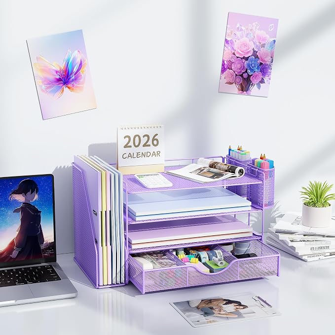 gianotter Desk Organizers and Accessories with File Holder, 4-Tier Desk Accessories & Workspace Organizers with Drawer and 2 Pen Holder, Paper Organizer for Office Supplies (Purple) - Image 7