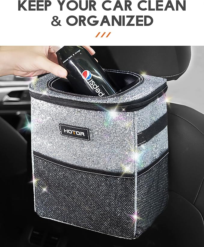 HOTOR Car Trash Can with Lid and Storage Pockets - 100% Leak-Proof Organizer, Waterproof Garbage Can, Multipurpose Trash Bin for Car, 2 Gallons, Sparkle White - Image 2