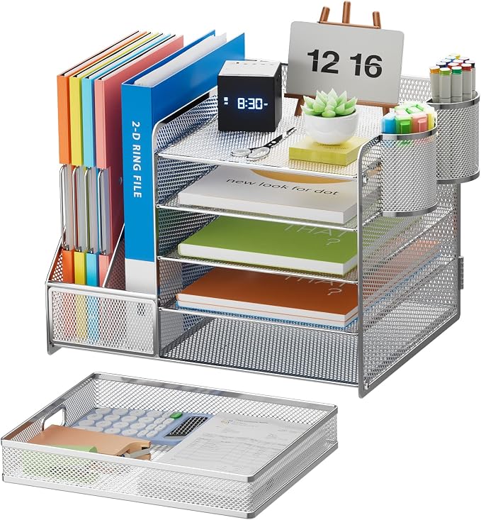 Marbrasse Desk Organizer with File Holder, 5-Tier Paper Letter Tray Organizer with Drawer and 2 Pen Holder, Mesh Desktop Organizer and Storage with Magazine Holder for Office Supplies (Silver) - Image 2
