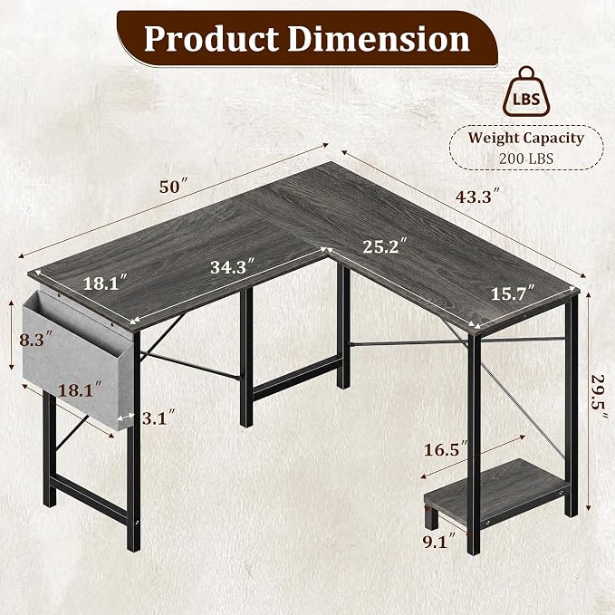 Alpen Gaming Desk, Home Office L Shaped Desk, Small Computer Corner PC Table with Side Bag and Reversible Shelf, Sturdy Writing Workstation for Bedroom, Living Room, Grey - Image 2