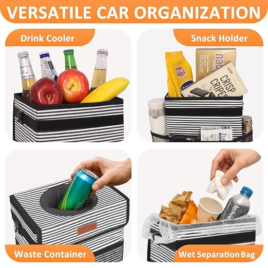 Vankor 3 Gallons Car Trash Can with Lid, Car Trash Bag Bin Hanging Waterproof Automotive Garbage Cans Leak Proof Vehicle Trash Can Stripe - Image 6