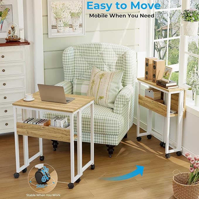 GreenForest Folding Desk with Wheels, 31.5" Rolling Table for Small Spaces | Storage Shelf, Lockable Casters, Compact Portable Workstation, Space-Saving Foldable Sofa Table, Home Office, Mobile, Oak - Image 4