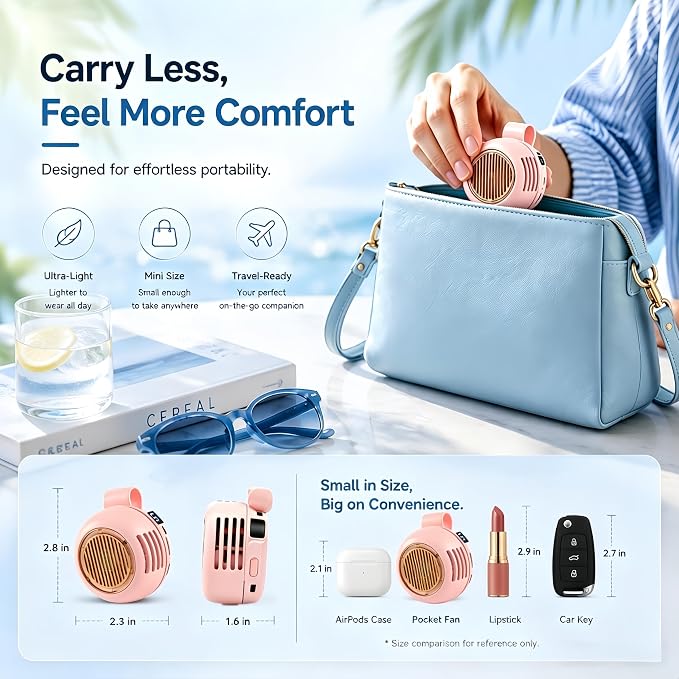 Wearable Waist Fan Rechargeable, 360° Rotating Clip-On Personal Fan 5-Speed Bladeless Portable Cooling Fan for Shirt, Outdoor Work, Construction, Camping, Gardening,Office, Travel Essentials Cute Pink - Image 5
