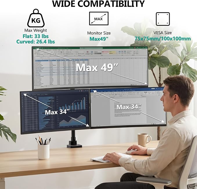 WALI Triple Monitor Mount for up to 49 inch Ultrawides on Top Bracket and 34 inch Screens on Side Brackets, Tall Triple Monitor Stand for Desk, Heavy Duty Monitor Arm up to 33 lbs (GSDM003XLN), Black - Image 2
