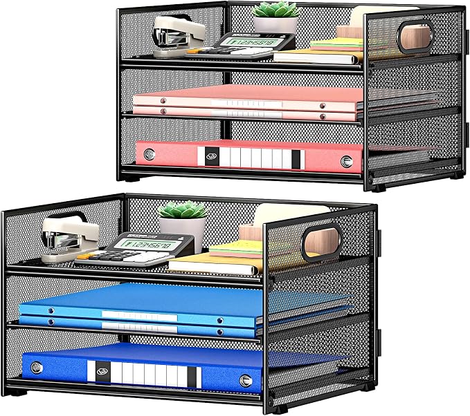 Subekyu 2-Pack 3-Tier Paper Letter Tray Organizer for Desk, Black Metal Mesh File Sorter Organizer with Handle and 1 PC Sliding Tray for Home Office School Desk Supplies Organization Storage by SUBEKYU