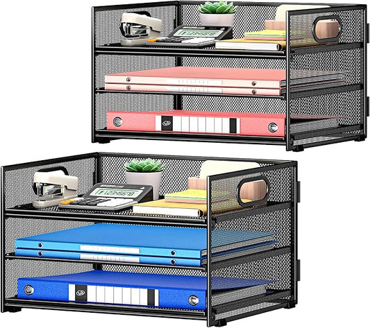 Subekyu 2-Pack 3-Tier Paper Letter Tray Organizer for Desk, Black Metal Mesh File Sorter Organizer with Handle and 1 PC Sliding Tray for Home Office School Desk Supplies Organization Storage by SUBEKYU