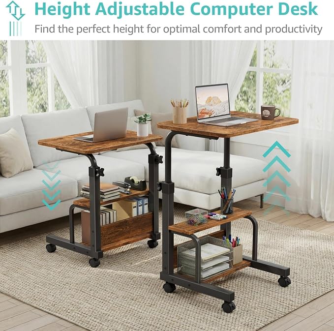 WINAZ C Shaped Rolling Laptop Desk - 24" Rustic Brown Mobile Desk with Wheels for Small Spaces, Height Adjustable Overbed Table with 2-Tier Storage Shelves - Image 7